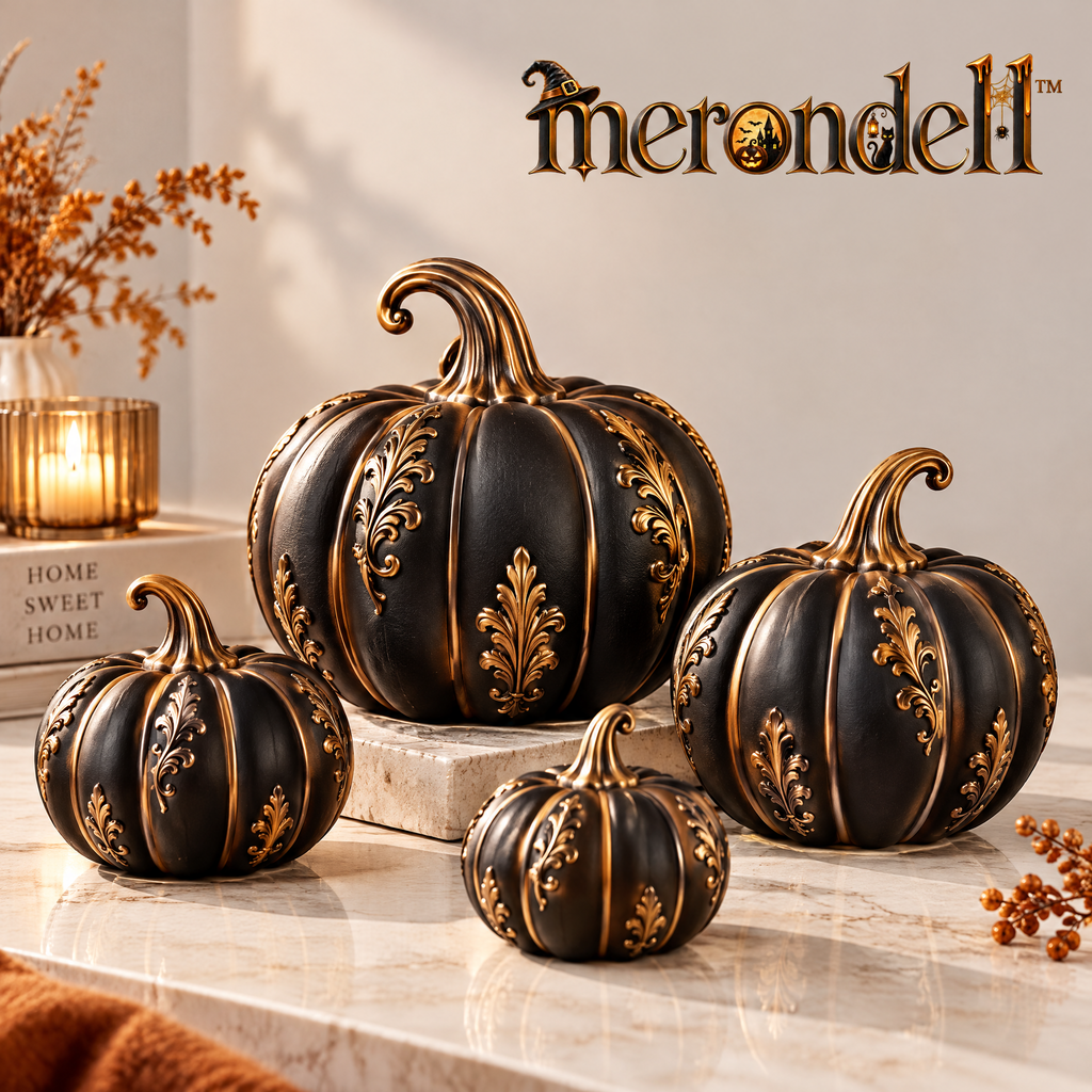 Merondell™ Ornate Black & Gold Pumpkin Set