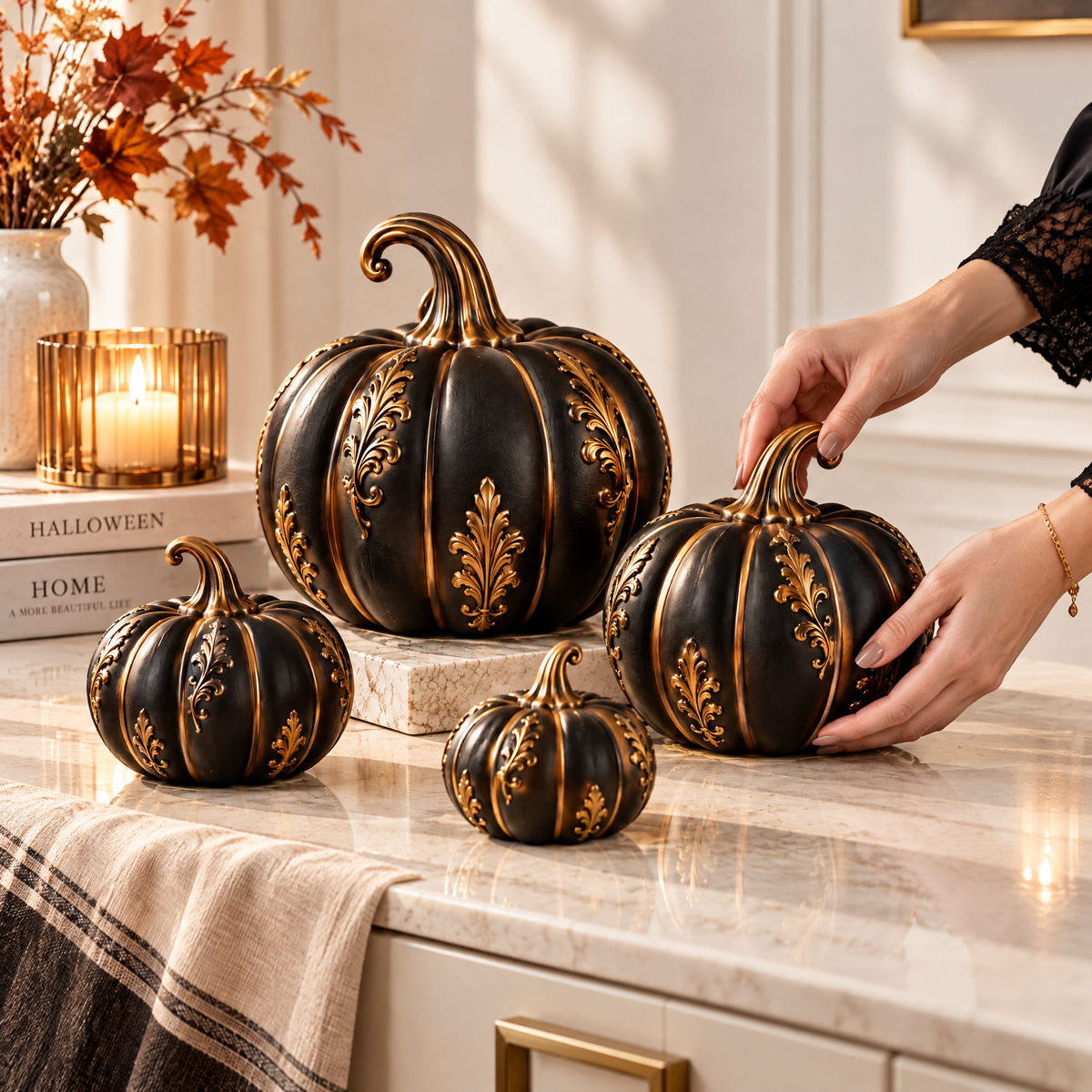 Merondell™ Ornate Black & Gold Pumpkin Set