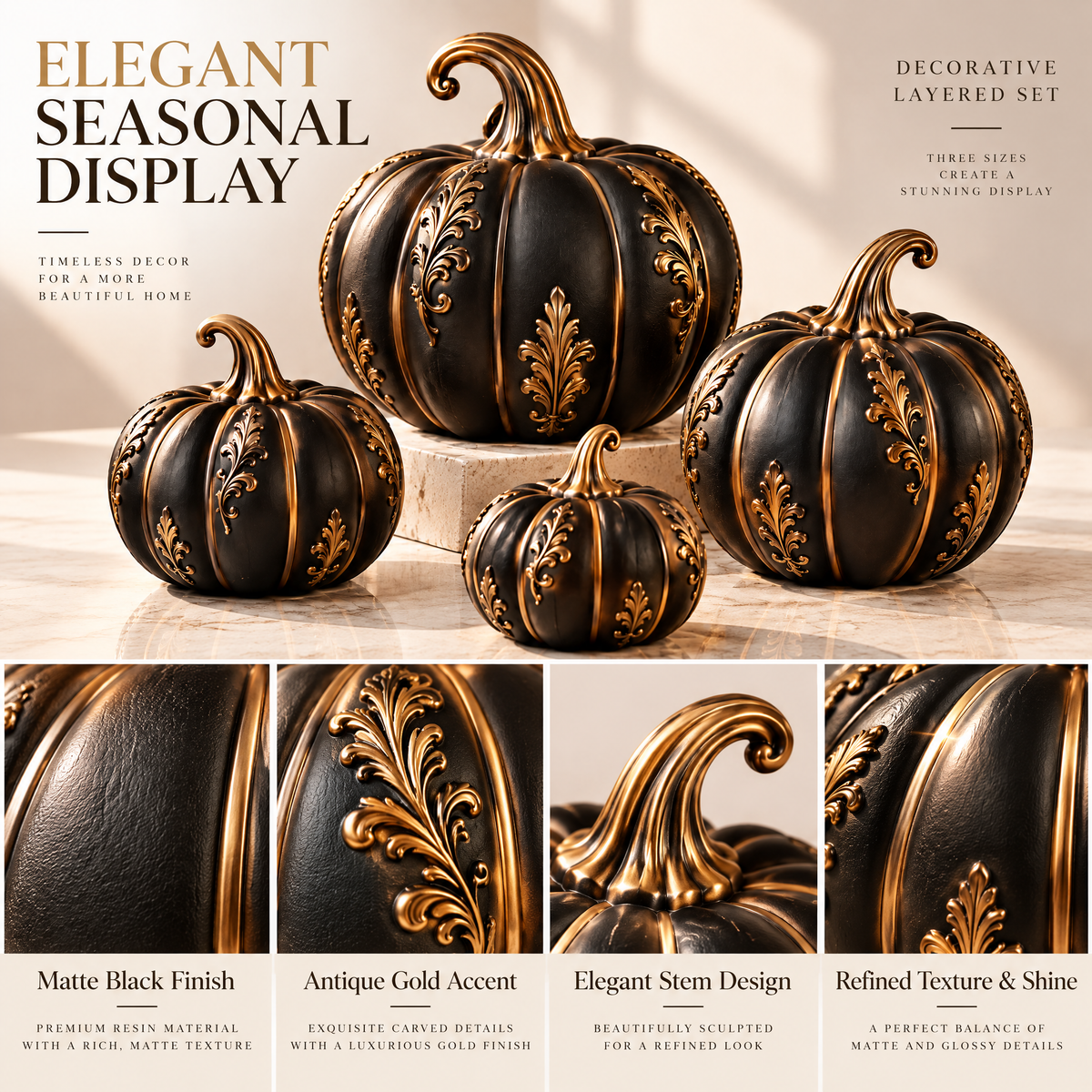 Merondell™ Ornate Black & Gold Pumpkin Set