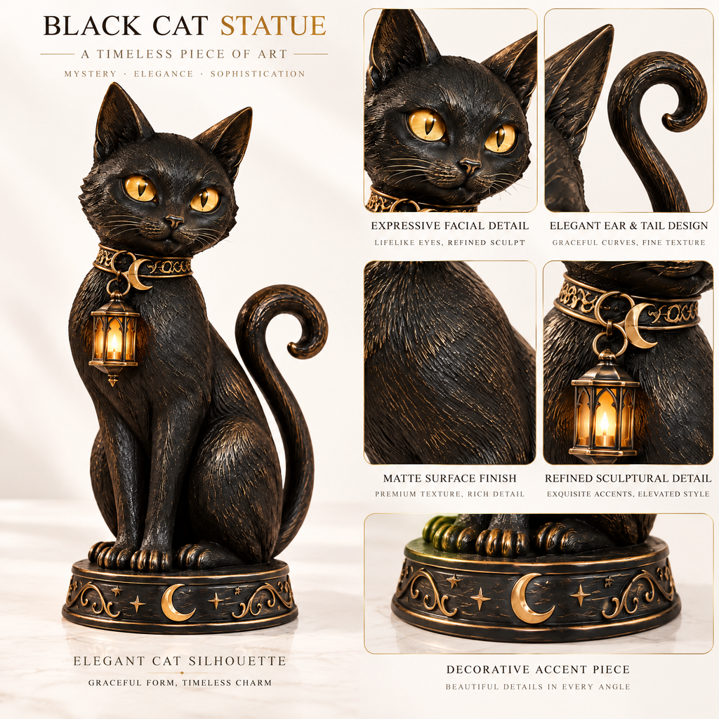 Merondell™ Mystic Black Cat Lantern Figurine