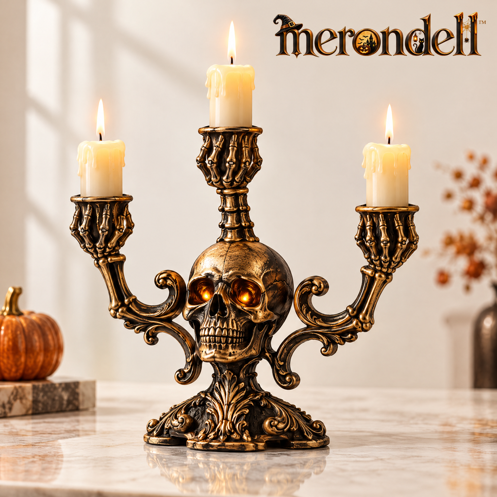 Merondell™ Gothic Skull Three-Arm Candelabra