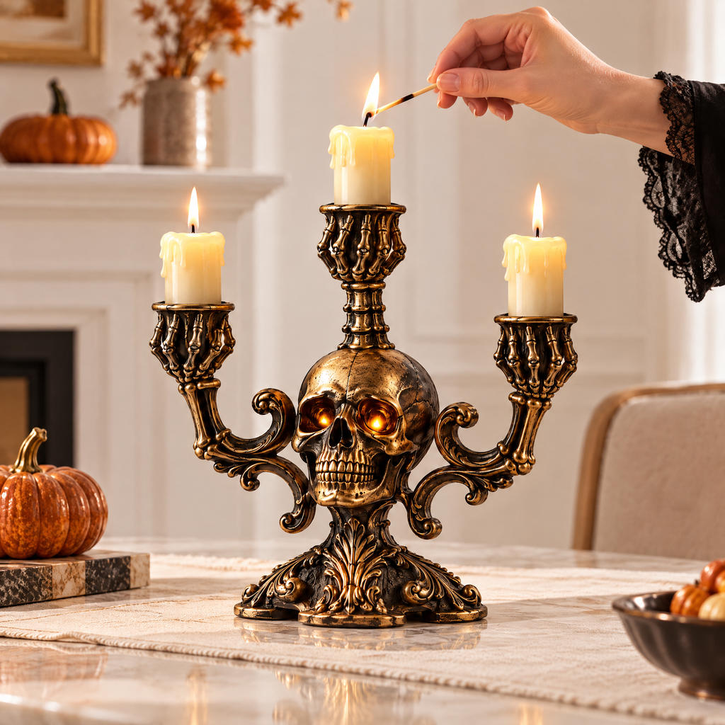 Merondell™ Gothic Skull Three-Arm Candelabra