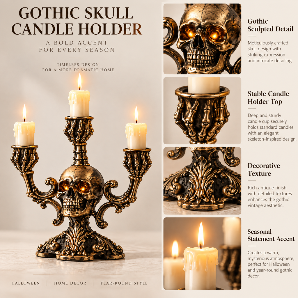 Merondell™ Gothic Skull Three-Arm Candelabra