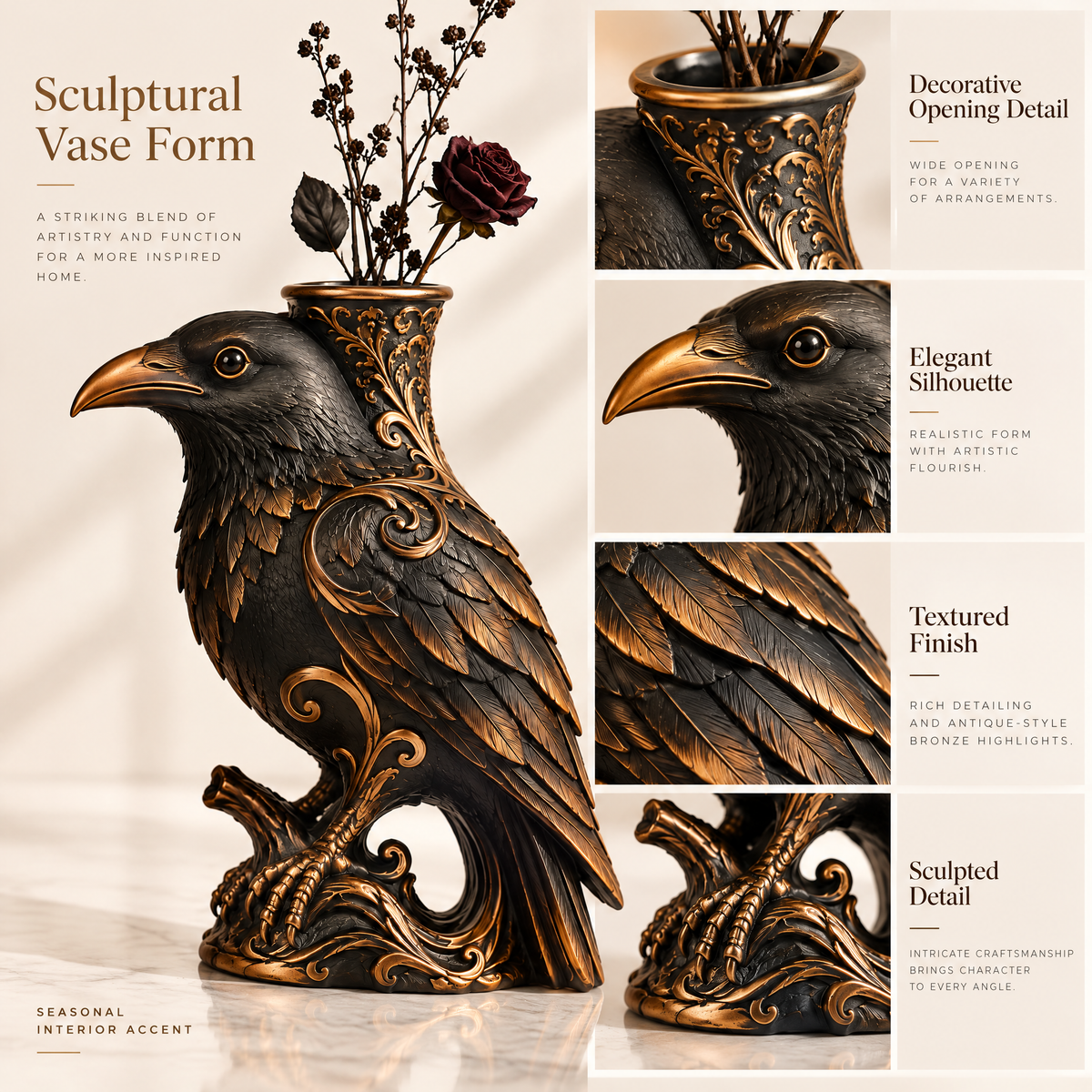 Merondell™ Gothic Raven Decorative Flower Vase