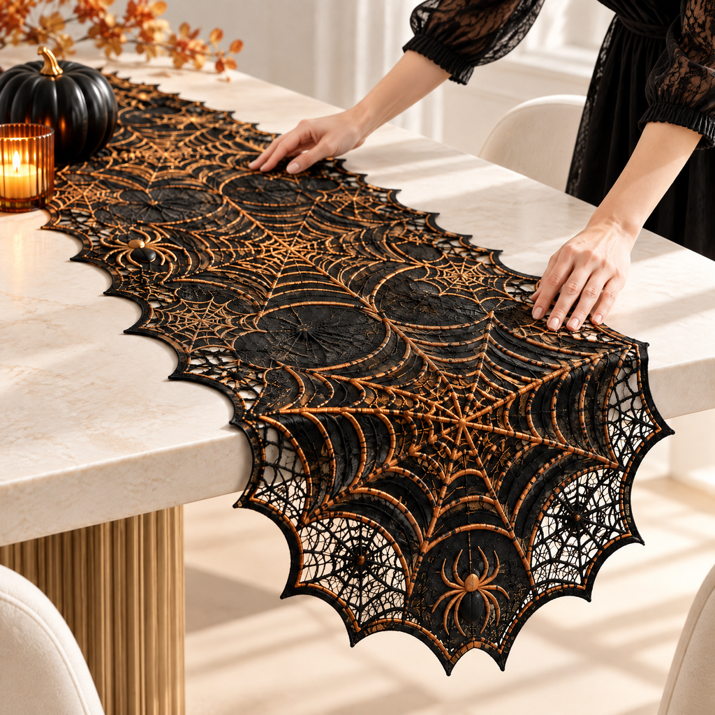 Merondell™ Gothic Spiderweb Halloween Table Runner