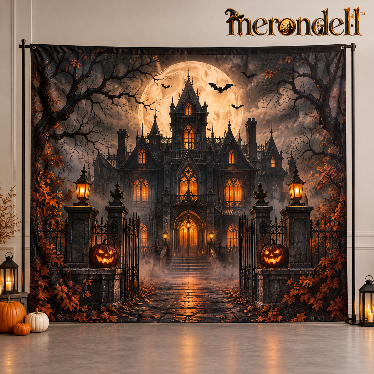 Merondell™ Moonlit Haunted Mansion Halloween Backdrop