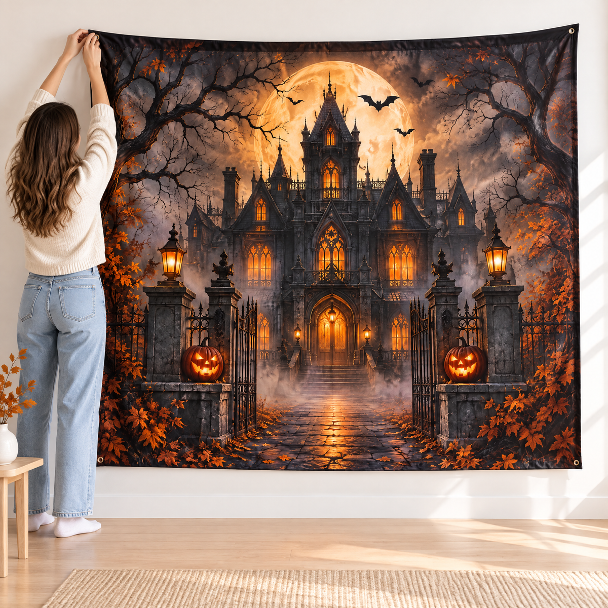 Merondell™ Moonlit Haunted Mansion Halloween Backdrop