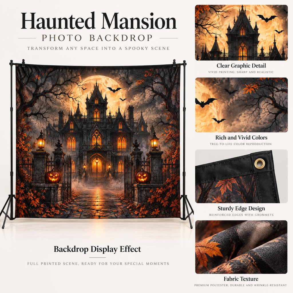 Merondell™ Moonlit Haunted Mansion Halloween Backdrop