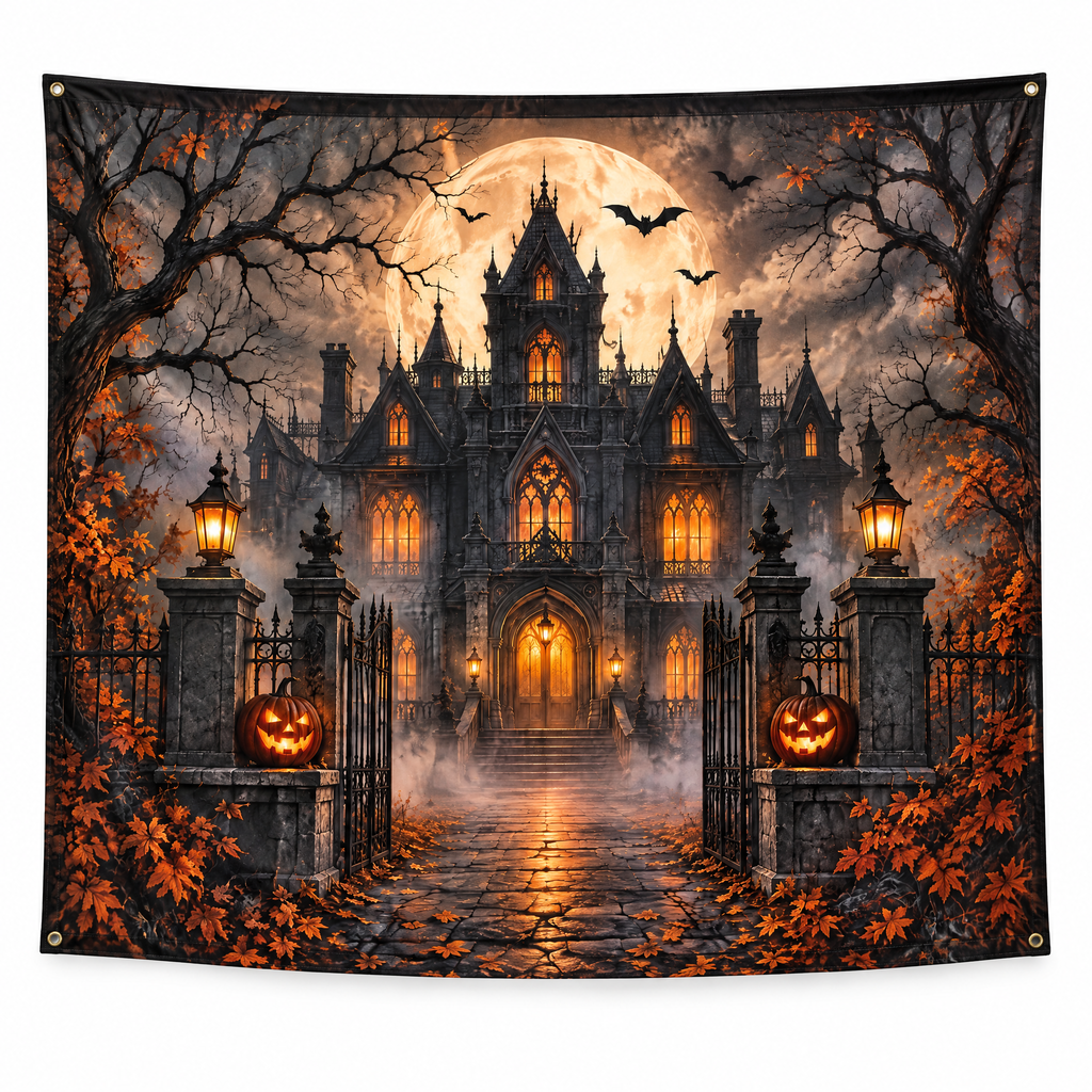 Merondell™ Moonlit Haunted Mansion Halloween Backdrop