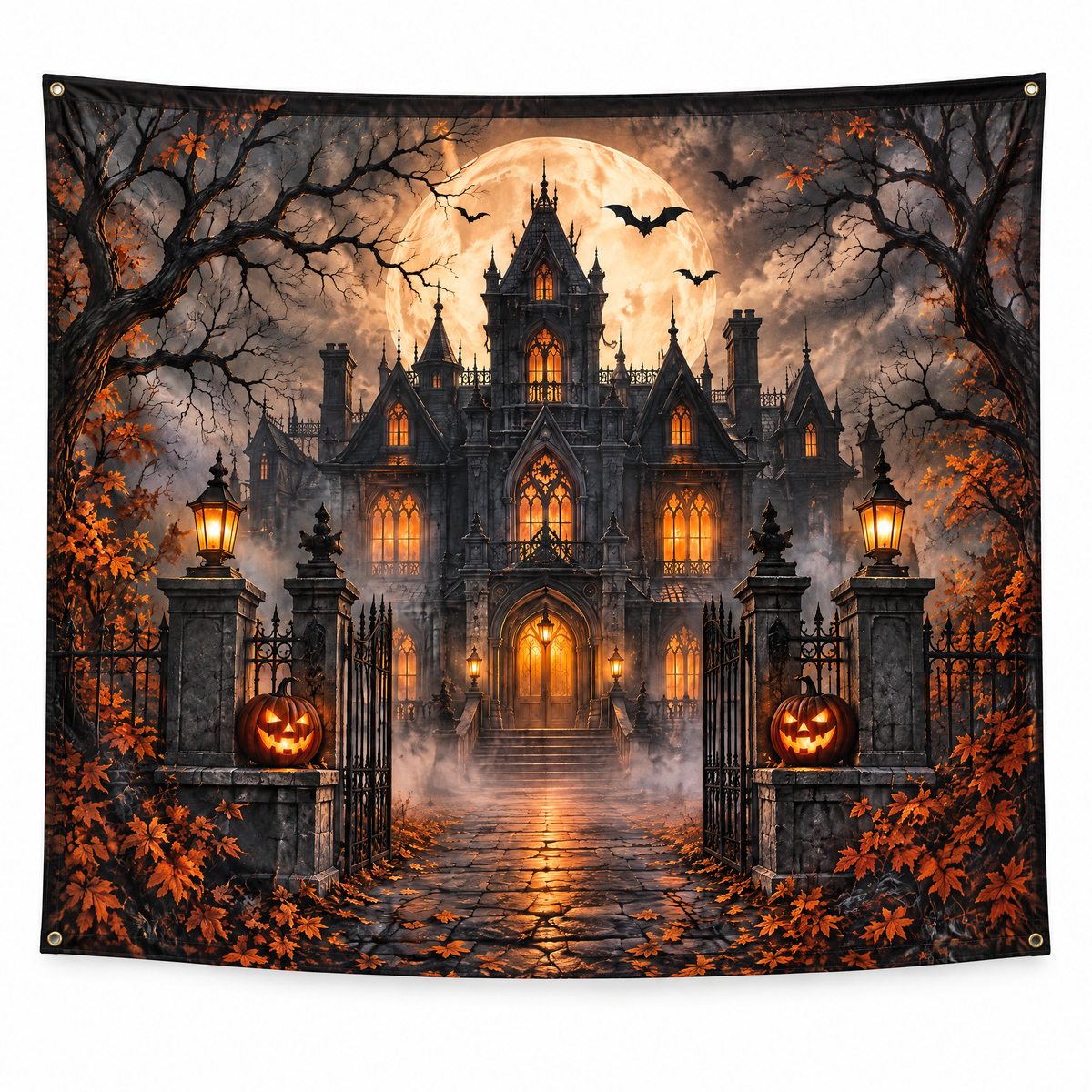 Merondell™ Moonlit Haunted Mansion Halloween Backdrop